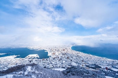 beautiful landscape and cityscape from mountain hakodate for look around city skyline building and architecture with blue sky white cloud