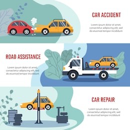 motor insurance concept: car accident, road assistance, car repair. flat horizontal banners. 