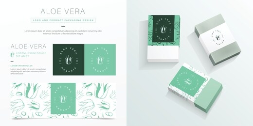 aloe vera logo and packaging design template. aloe vera soap package mockup created by vector. hand drawn aloe vera pattern for branding and corporate identity.