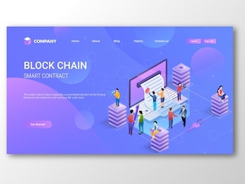 smart contract blockchain landing page design with illustration of people using laptop for e-contract signature concept.