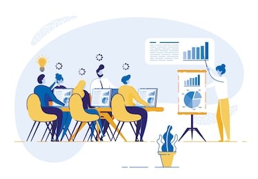 corporate training for company business employees. woman conducts training course on work group man and woman. young people sitting at table in front desktop computer. corporate economic growth chart