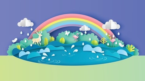 illustration of rainy season with plants, grass, butterflies and rain drop that are around beautiful pond. paper cut and craft style. vector,illustration.