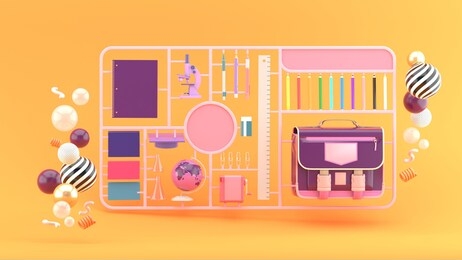 stationery, school bags, globes and microscopes surrounded by colorful balls on an orange background.-3d rendering.
