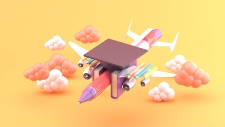 stationery aircraft surrounded by clouds on an orange background.-3d rendering.
