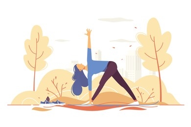 young girl doing yoga in a park on city background. concept sport woman, pose elongated triangle. illustration.