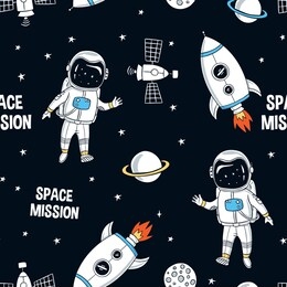 hand drawn space elements seamless pattern. space background. space doodle illustration. vector illustration. seamless pattern with cartoon astronauts, space rockets, planets, stars, slogans