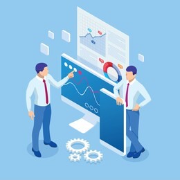 isometric business analytics and financial technology, data visualization concept. business analytics technology using big data, cloud computing, statistical model.