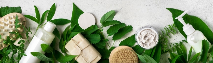 natural cosmetics and green leaves on white stone background, banner. natural organic skincare, bio research and healthy lifestyle concept.