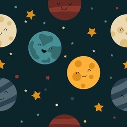 space seamless pattern with planets and stars. cartoon planet smiling face. vector children's background.