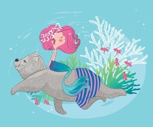 cute bear and little mermaid swims under the ocean vector illustration