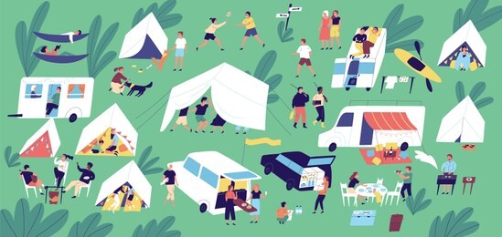 summer camp festival. people or tourists living in tents, travel trailers and camper vans, cooking and eating food outdoor, playing, talking to each other. flat cartoon colorful illustration