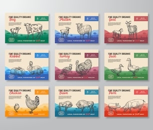 fine quality organic vector meat packaging label design collection. modern typography and hand drawn domestic animals silhouettes. rural pasture landscape background layouts set. isolated.