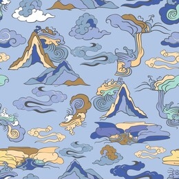 seamless illustration of landscape with stylized mountains, waterfalls, winds and clouds in asian style. vector pattern in shades of yellow, cream, brown, indigo and grey. for fabric, paper, gift
