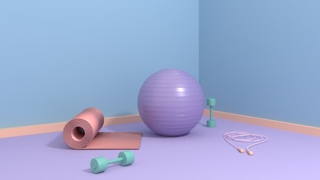 fitness equipment - ball, dumbbells, jump rope, rug on bright room, studio, training hall. care of health, body care and figure. intensive training, pilates, yoga, 3d, render, illustration.