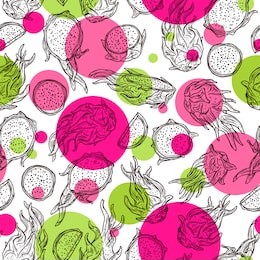 dragon fruit seamless pattern with doodle and abstract, geometric circle and round elements. vector sketch hand drawn background. freehand style bright backdrop