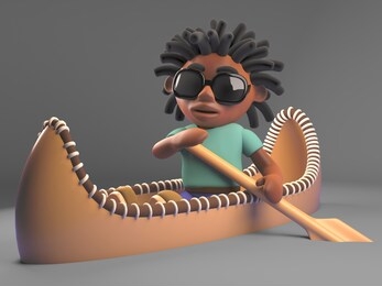 cool black man with dreadlocks rowing his kayak canoe, 3d illustration render