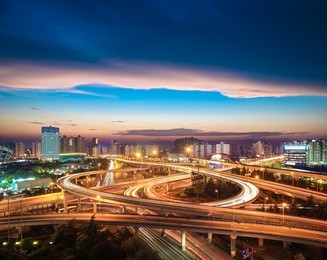 beautiful city interchange overpass at nightfall in shanghai