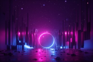 3d abstract neon background, cyber space virtual reality urban scene, glowing round shape portal at the end of the street, fantastic city, minimal skyscrapers, post apocalyptic concept, night sky