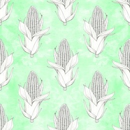 corn plants seamless pattern background. vegetable background. hand drawn doodle. corn cobs and corn grains