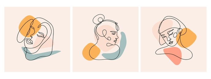 modern abstract faces. contemporary female silhouettes. set of three hand drawn outline trendy vector illustrations. continuous line, minimalistic concept. pastel colors