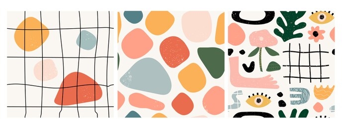 set of three seamless patterns. hand drawn various shapes and doodle objects. abstract contemporary modern trendy vector illustration. stamp texture. every pattern is isolated