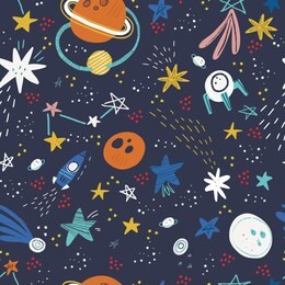space, cosmos flat hand drawn seamless pattern. galaxy exploration cartoon illustration. stars, rockets, planets, comets scandinavian style background. childish wallpaper, textile, texture design
