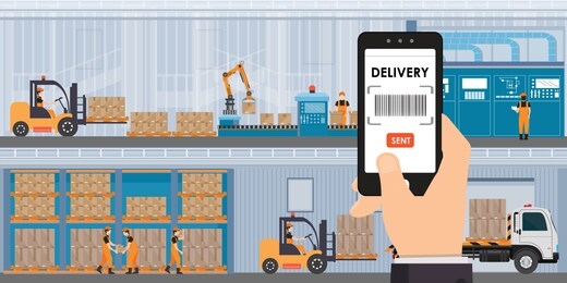 warehousing and storage app on a smartphone with goods and boxes on shelves, freight transportation and professional workers, smart factory in flat vector illustration.