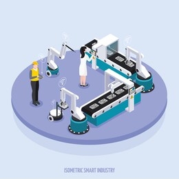 isometric smart industry background round platform with two workers supervise the equipment vector illustration