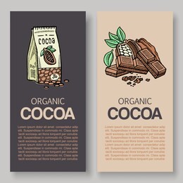 the original finest chocolate vector packaging design label. typography and cocoa powder pack and cocoa branch with leaves, beans and piece of chocolate. vintage illustration.