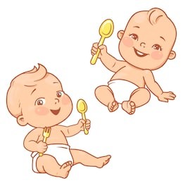 little baby boy and girl holding a spoon and a fork. kids and food. children having breakfast, dinner. healthy meal emblem. characters for logo and package design. color vector illustration.