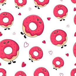 seamless pattern with kawaii sweet food - donuts and hearts on white background. endless texture with cute cartoon sweets or dessers. illustration for printing on textile, wrapper. flat style