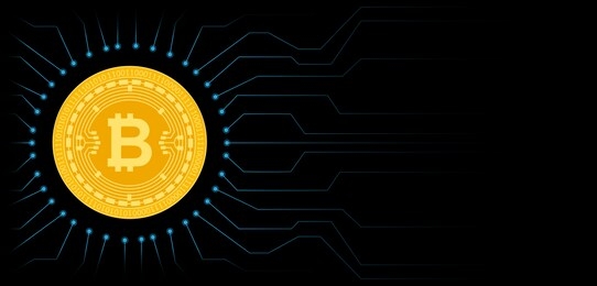 bitcoin cryptocurrency coin symbol. blockchain technology. gold bitcoin on black circuit board background. vector illustration