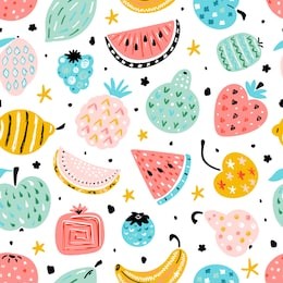 colorful vector seamless pattern with cartoon doodle cute fruits and berries with abstract patterns. summer fruit food childish background