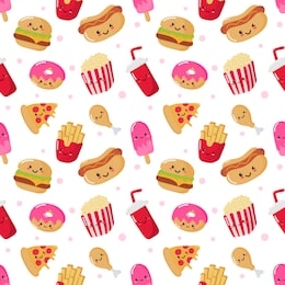 seamless pattern cute funny fast food kawaii style icons isolated on white background. illustration vector.  