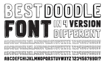 hand drawn vector doodle font set in four versions of different letters and numbers. isolated on white background