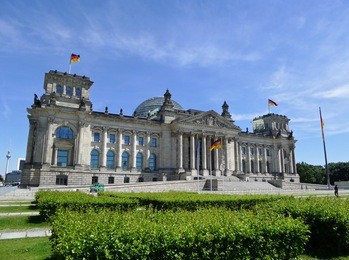 frontal view of reichstag building in a beautiful summer day with blue sky, berlin, germany, europe.