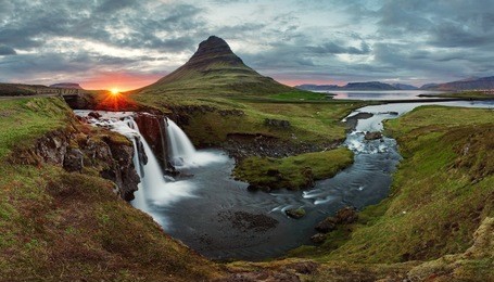 iceland landscape spring panorama at sunset -  kirkjufell
