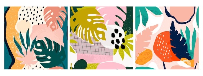 set of three hand drawn seamless patterns. tropical jungle leaves and various shapes. abstract contemporary seamless patterns. modern patchwork illustrations in vector. every pattern is isolated
