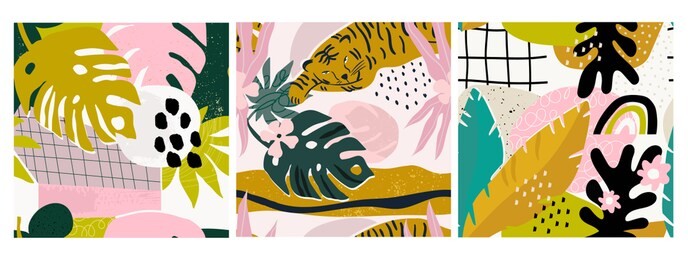 set of three hand drawn seamless patterns. tropical jungle leaves, tiger, various shapes. abstract contemporary seamless patterns. modern patchwork illustrations in vector. every pattern is isolated