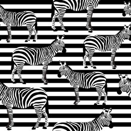 zebra seamless surface pattern, black and white zebras on stripes repeat pattern for textile design, fabric printing, stationary, packaging, wallpaper  or background
