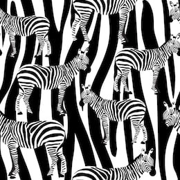 zebra seamless surface pattern, black and white zebras on zebra stripes  repeat pattern for textile design, fabric printing, stationary, packaging, wallpaper  or background

