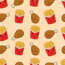 fried chicken and french fries kawaii seamless pattern illustration, cute character vector.