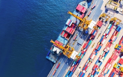 logistics and transportation of container cargo ship and cargo import/export and business logistics, shipping , top view ,aerial view from drone