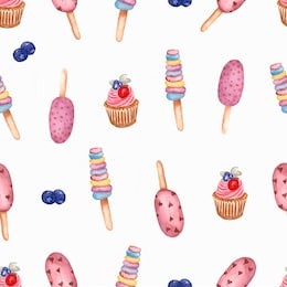 seamless  watercolor pattern  of hand painted sweet and tasty cakes with berries , cupcake, macaroons and ice cream on stick. summer delicious dessert background.