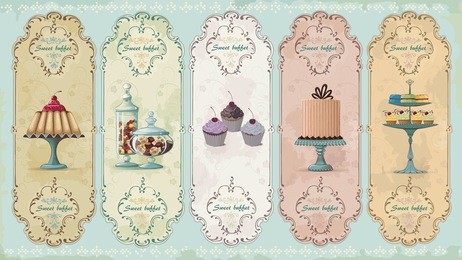 set of vintage labels with cakes and chocolate sweets