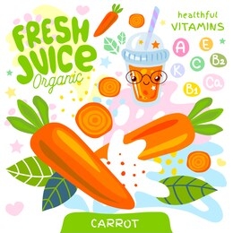 fresh juice organic glass cute kawaii character. abstract juicy splash vegetables vitamin funny kids style. carrot vegetable yummy smoothies cup. vector illustration.