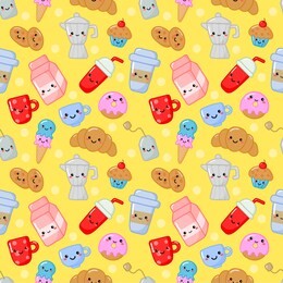 seamless pattern cute funny breakfast food and drinks kawaii style icons isolated on yellow background. illustration vector.  