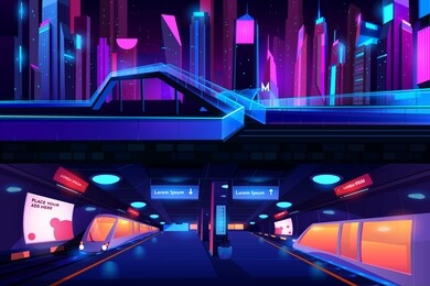 metro station ground and underground cross section view with train, empty subway platform interior, metropolitan entrance in neon night city, glass pedestrian overhead road cartoon vector illustration