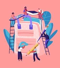 back to school concept, male and female characters on ladders put huge accessories into backpack. people holding pencil, paints, book, brush, straightedge, education. cartoon flat vector illustration
