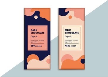 organic dark and milk chocolate bar design. creative abstract choco packaging vector mockup. trendy luxury product branding template with label and pattern.